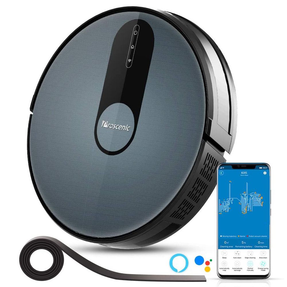

Proscenic 820S Robot Vacuum Cleaner 1800Pa Powerful Suction 3 Modes Auto Boost 600ml Dust Box WiFi Connectivity Alexa Control for Pet Hair, Dust and Fine Dust - Black