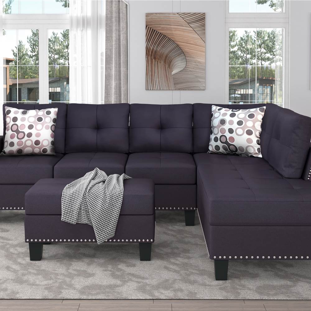 

U-STYLE 5-Seat Polyester Blend Upholstered Sofa with Ottoman and Wooden Frame, for Living Room, Bedroom, Office, Apartment - Black