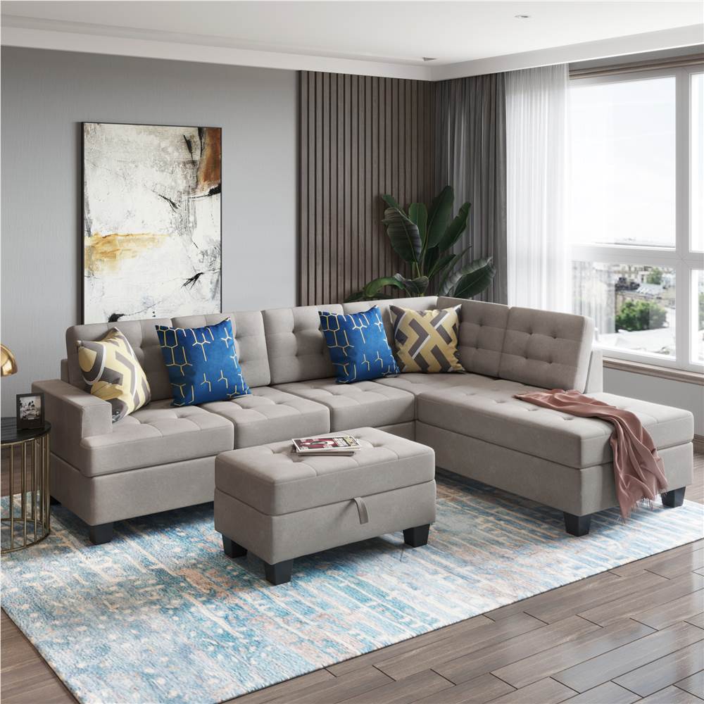 104-дюймовый L-образный секционный диван с тканевой обивкой, шезлонгом и оттоманкой для хранения, для гостиной, спальни, офиса, квартиры - серый