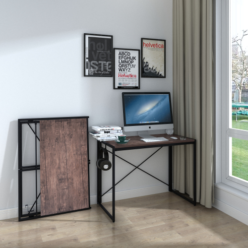 Home Office Folding Computer Desk with MDF Tabletop and Metal Frame - Brown