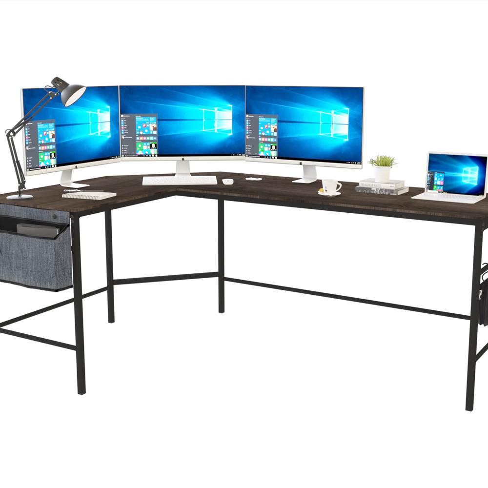 

Home Office L-Shaped Computer Desk with Storage Bag, Wooden Tabletop and Metal Frame - Gray