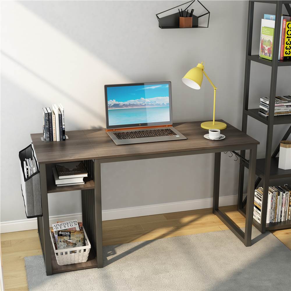Home Office Computer Desk with Side Bag, Storage Shelves, MDF Tabletop and Metal Frame - Brown