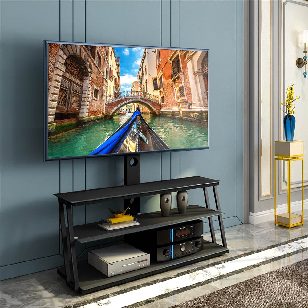 41 "TV-stativ av härdat glas med förvaringshyllor, vinkel- och höjdjusterbar, för vardagsrum, nöjescenter - svart