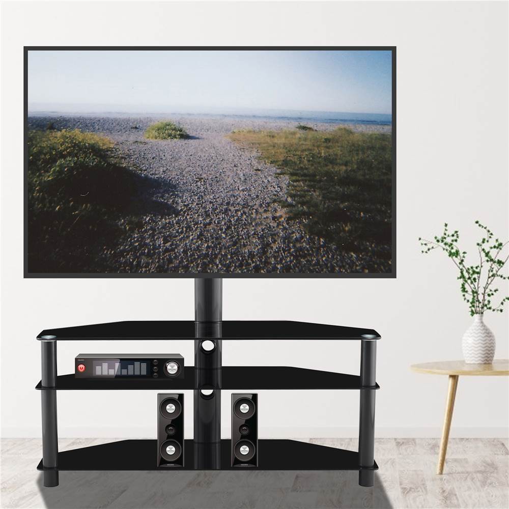 43&quot; Tempered Glass TV Stand with Storage Shelves, Angle and Height Adjustable Media Storage Stand, for Living Room, Entertainment Center - Black