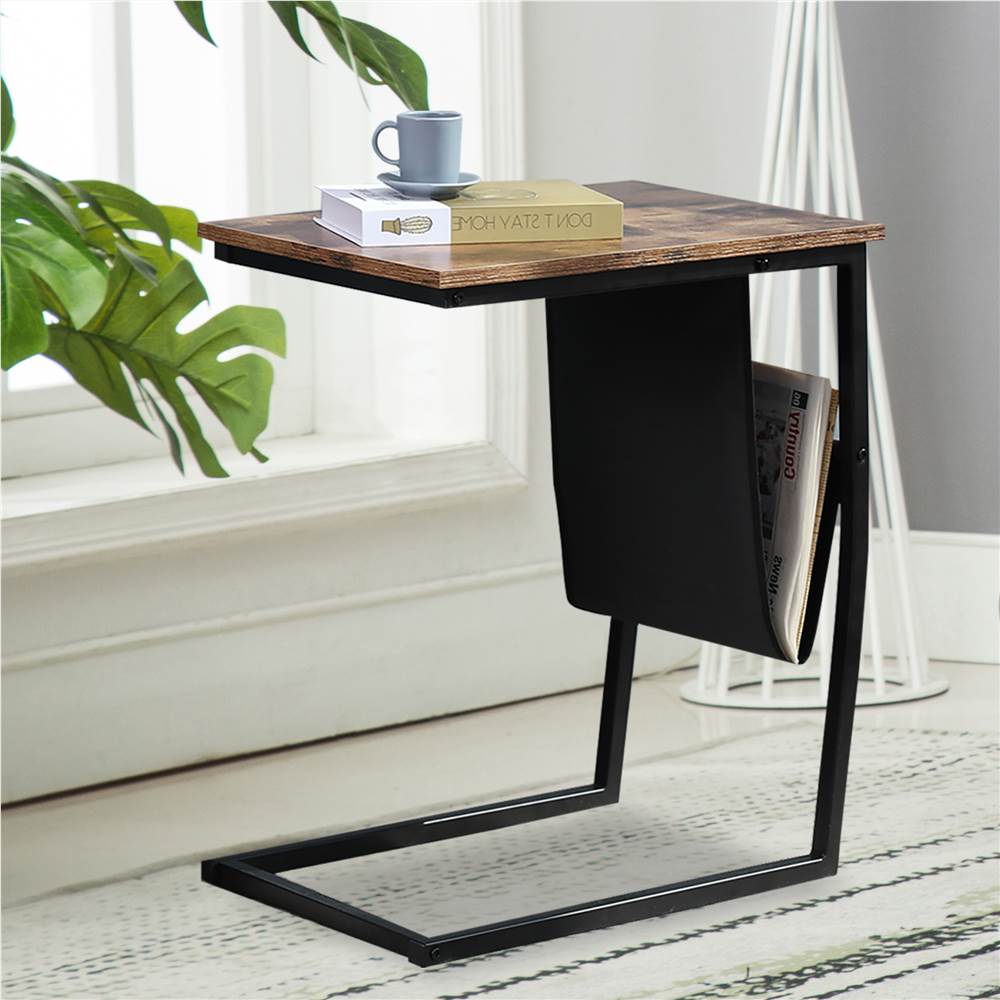 Industrial Side Table with Metal Frame Mobile Snack Table for Coffee Laptop Tablet Slides Next to Sofa Couch, Wood Look Accent Furniture
