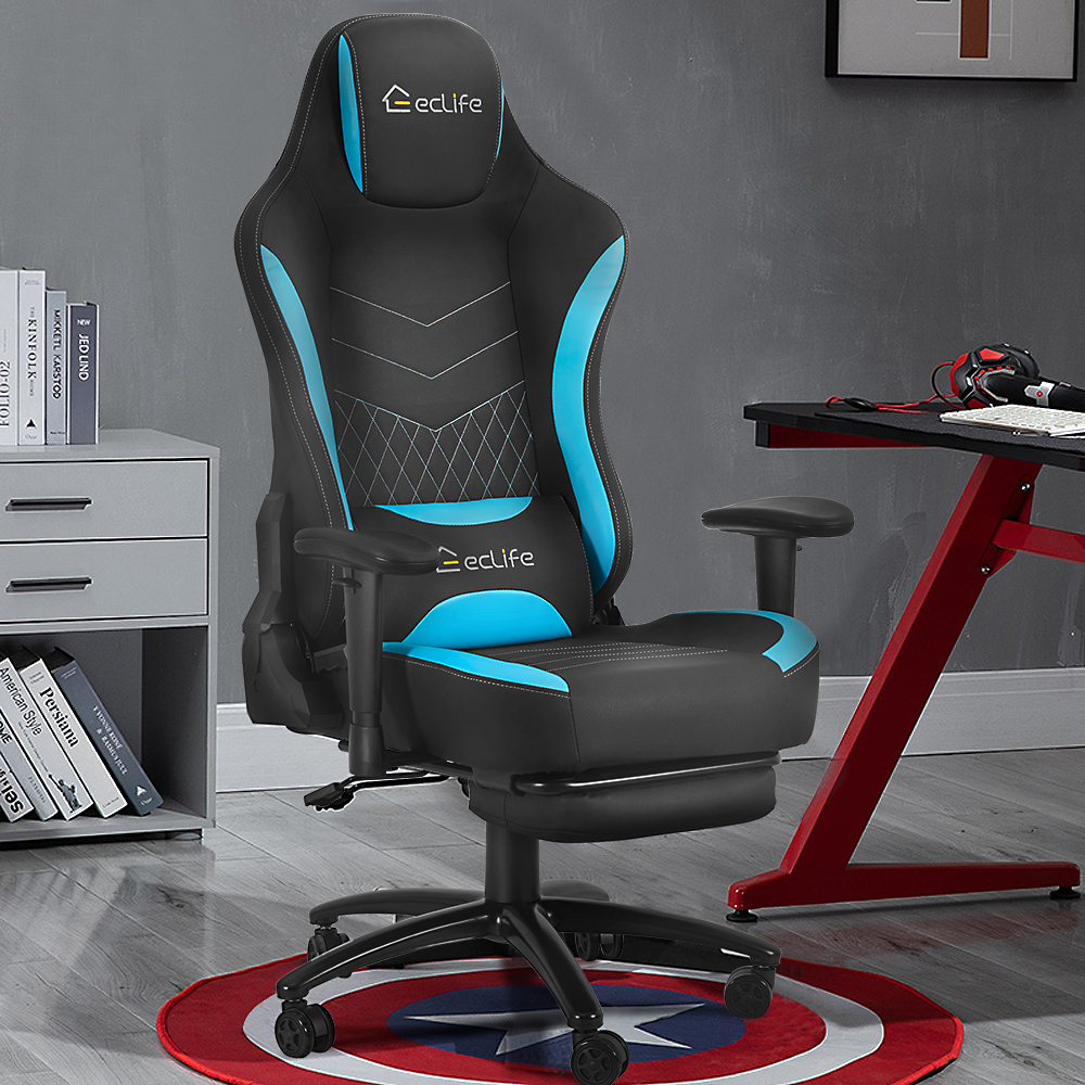 

Home Office PU Leather Rotatable Massage Gaming Chair Height Adjustable with Ergonomic High Backrest and Footrest - Blue