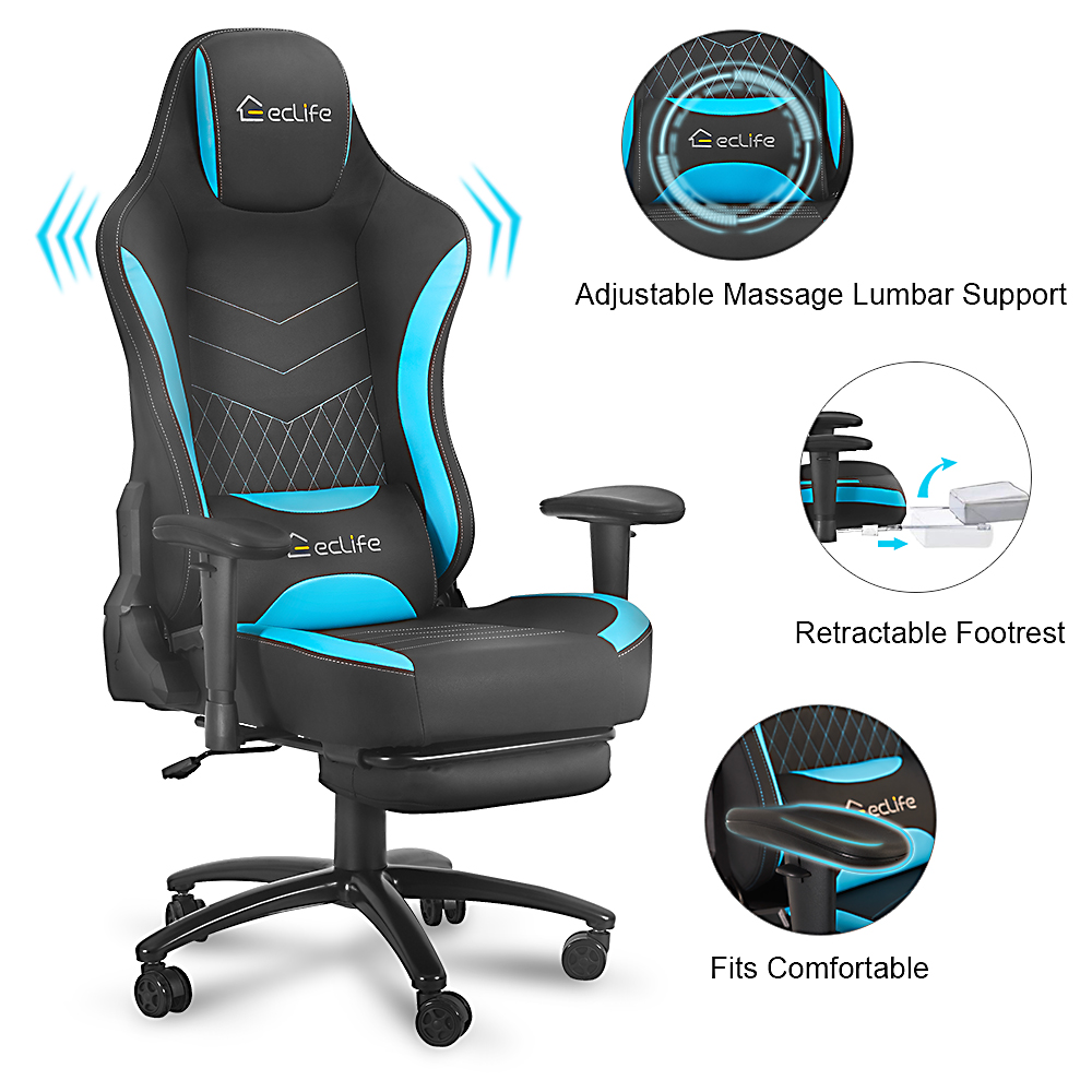 Home Office PU Leather Rotatable Massage Gaming Chair Blue