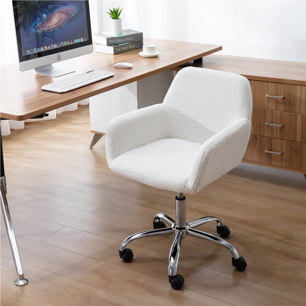 HengMing Faux Fur Fabric Swivel Chair Height Adjustable with Curved Backrest and Casters for Living Room, Bedroom, Dining Room, Office - White