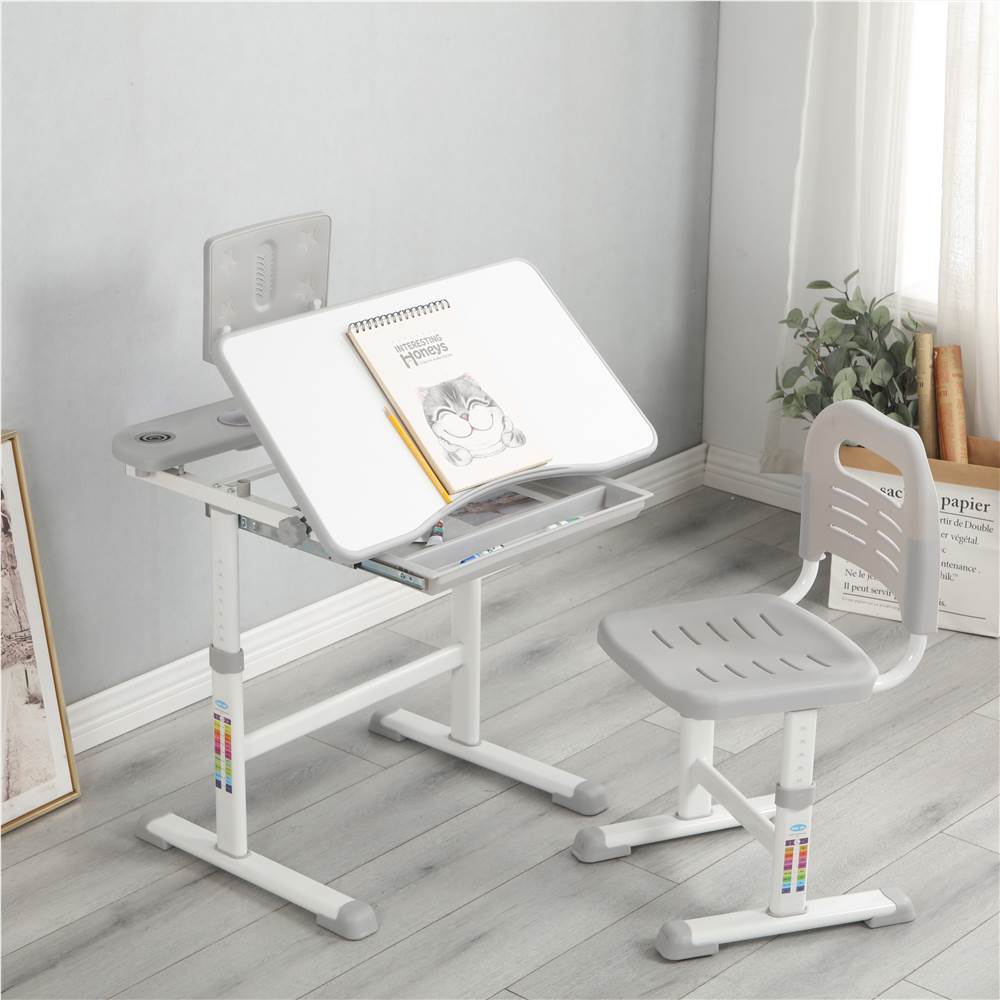 Adjustable Kids Study Table and Chair Set, with Tilt Tabletop Gray