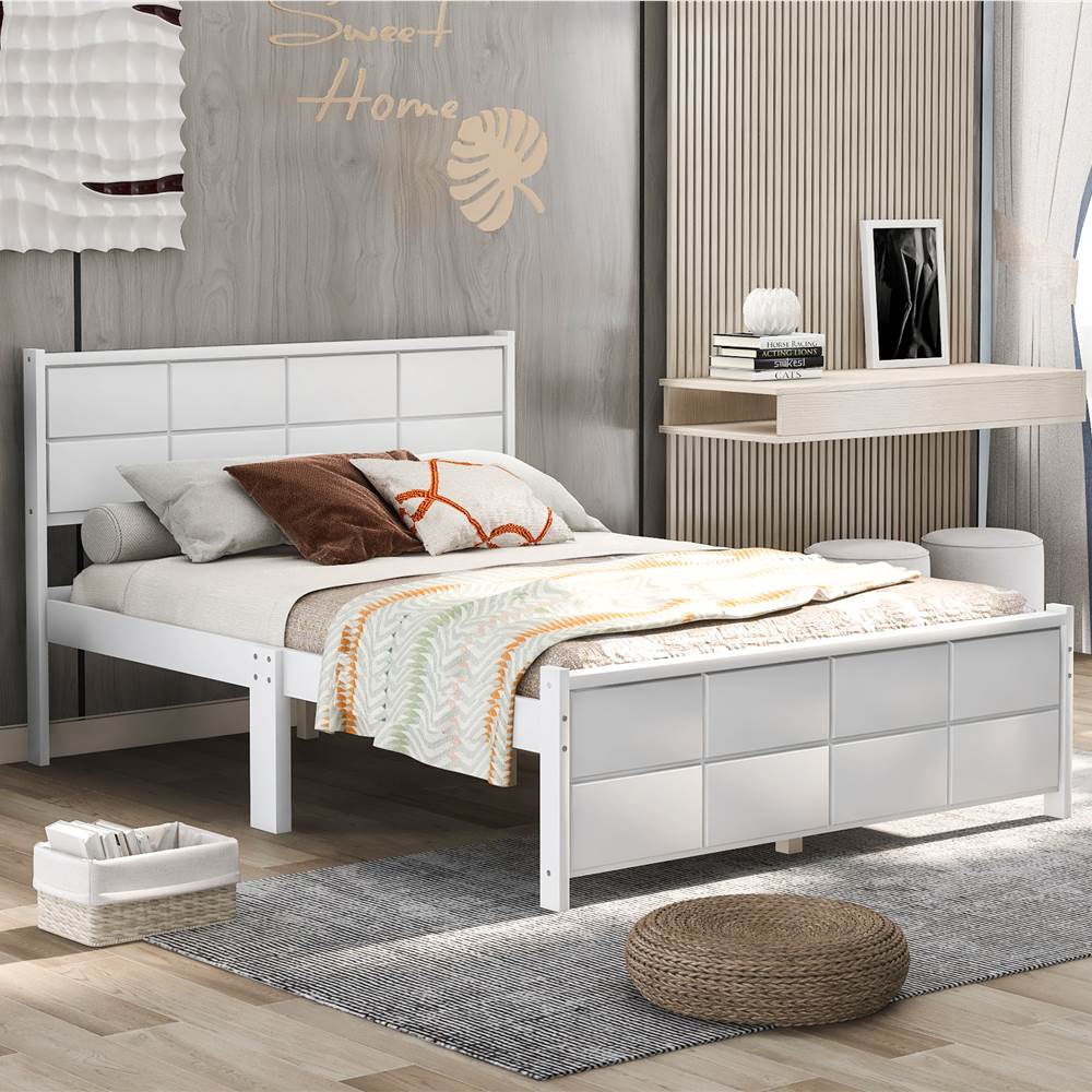 

Full-Size Platform Bed Frame with Rectangular Line Shape Headboard and Wooden Slats Support, No Box Spring Needed (Only Frame) - White