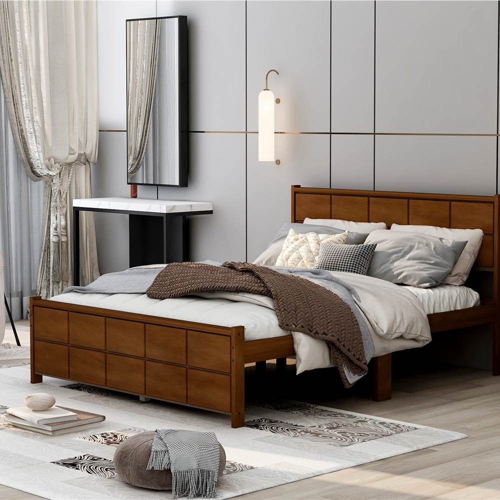 

Queen-Size Platform Bed Frame with Rectangular Line Shape Headboard and Wooden Slats Support, No Box Spring Needed (Only Frame) - Walnut