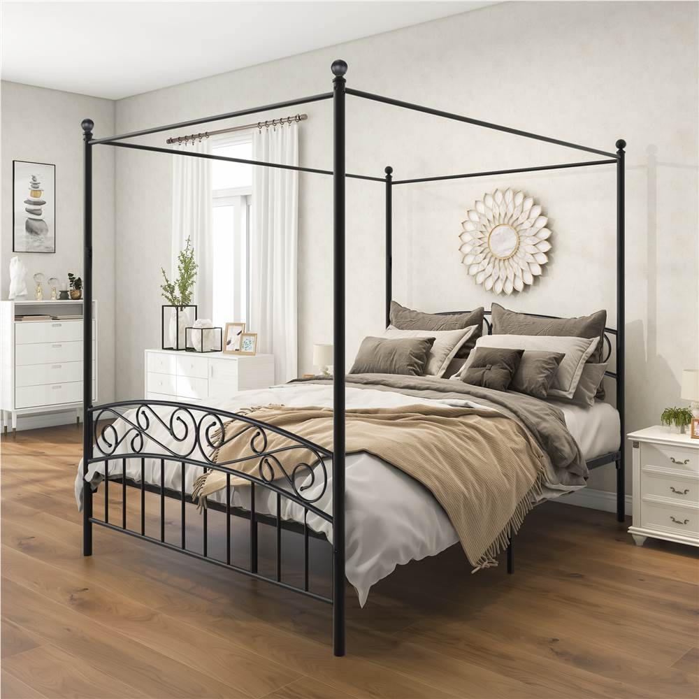 Queen-Size Canopy Metal Platform Bed Frame with 4 Pillars Black