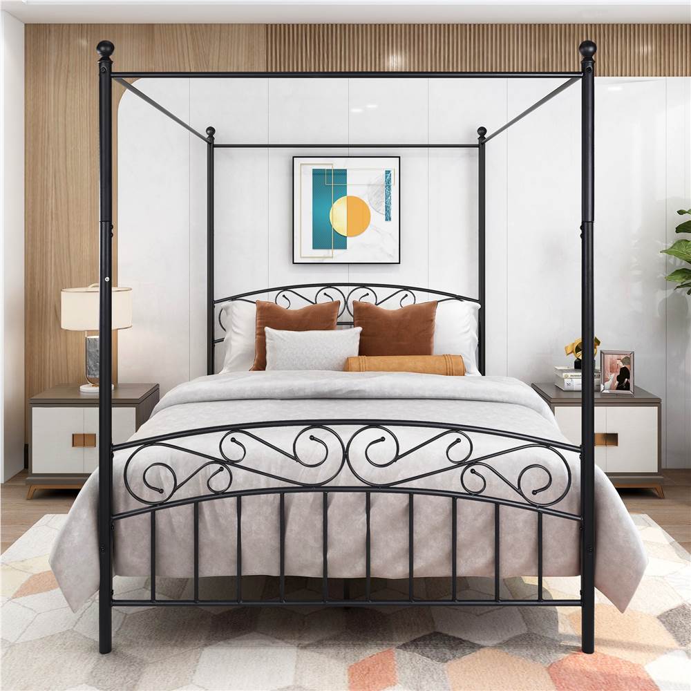 QueenSize Canopy Metal Platform Bed Frame with 4 Pillars Black
