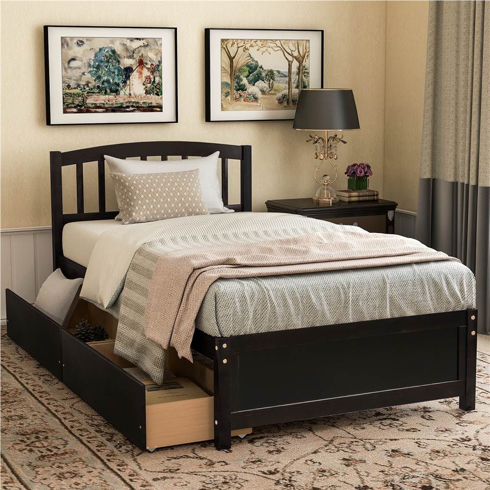 Twin Platform Storage Bed Wood Bed Frame With Two Drawers And Headboard  Espresso 460828 0 