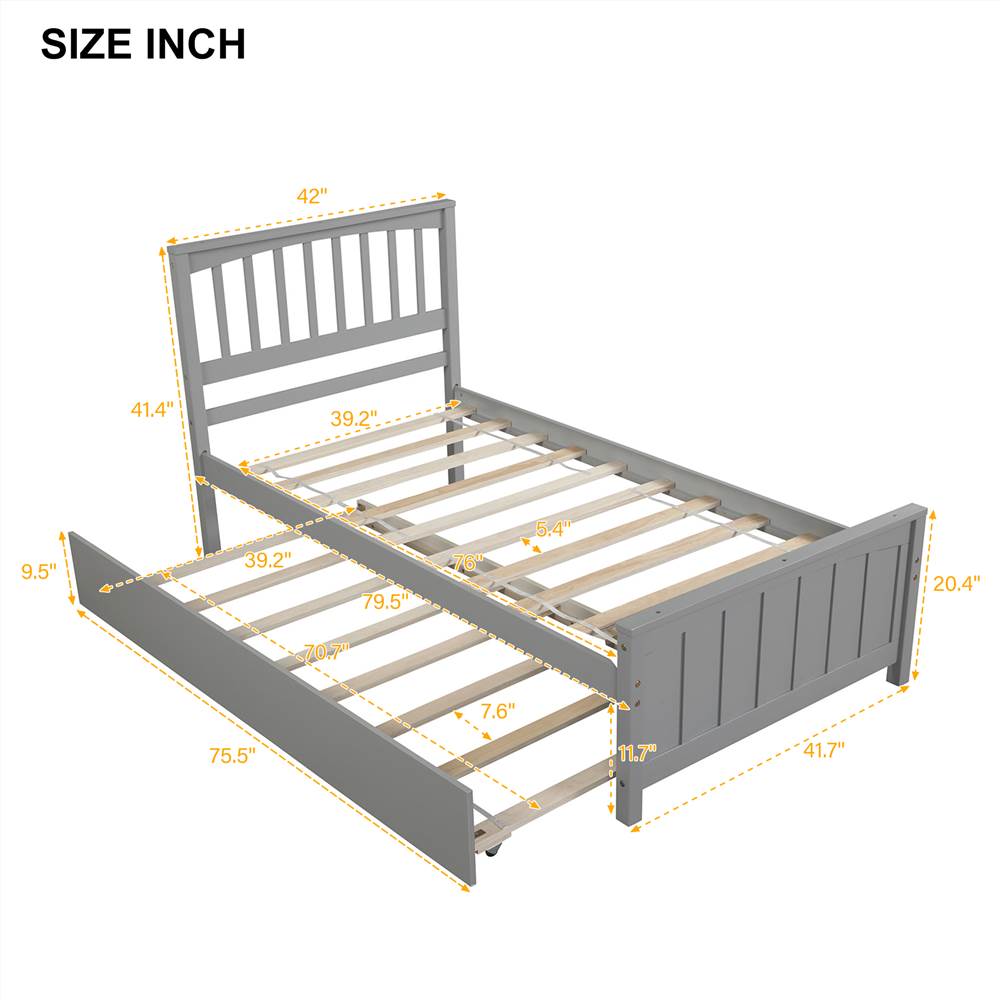 Twin-Size Platform Bed Frame with Trundle Bed Gray | United States