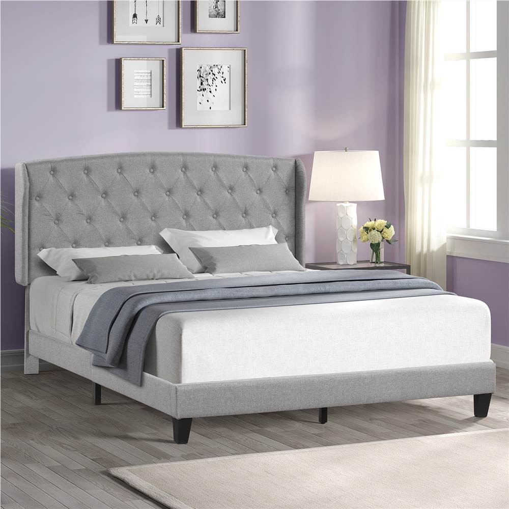 Full Size Bed Frame Upholstered Gray Platform Linen Headboard with Wood Slats 
