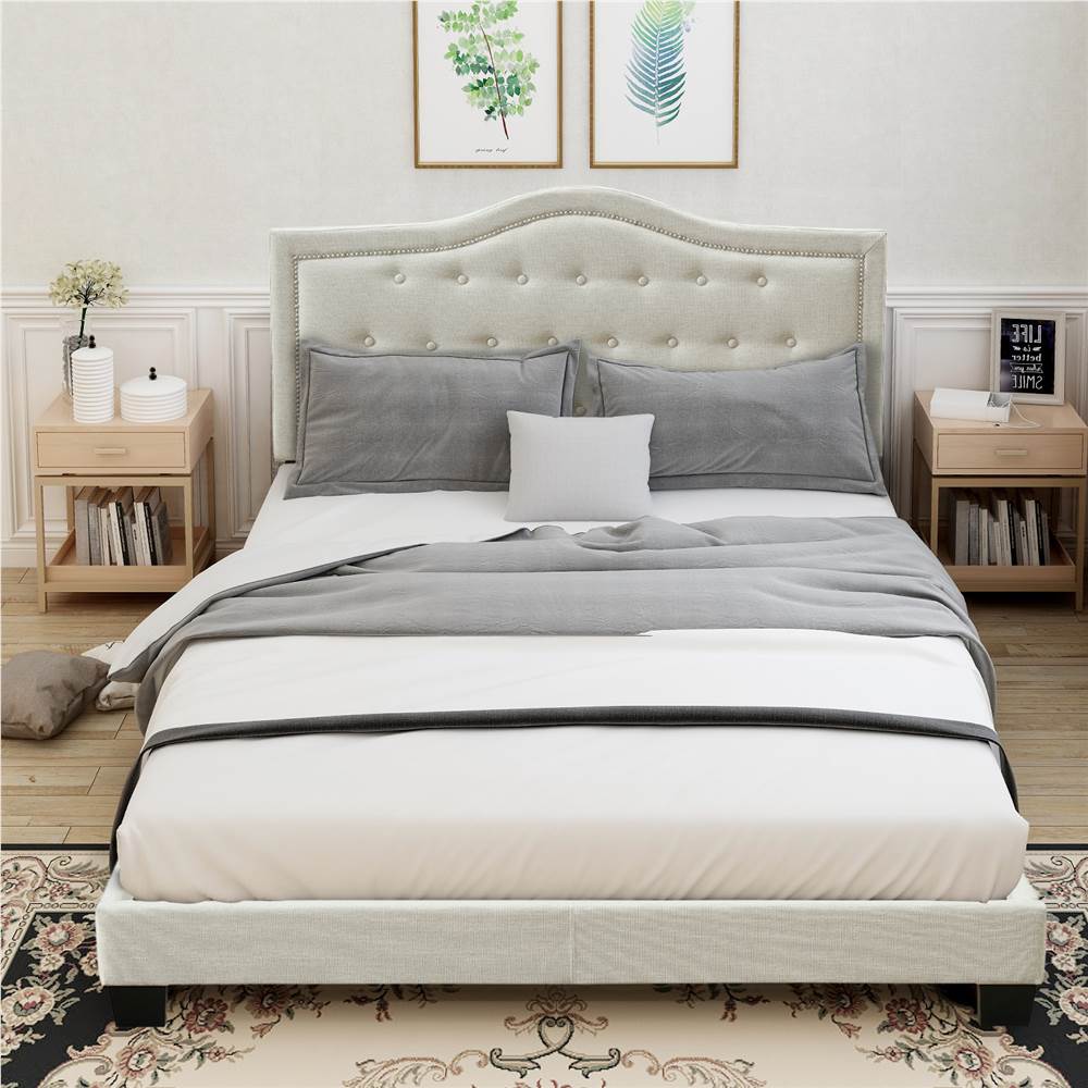 

Queen-Size Upholstered Platform Bed Frame with Tufted Headboard and Wooden Slats Support, Box Spring Needed (Only Frame) - Beige