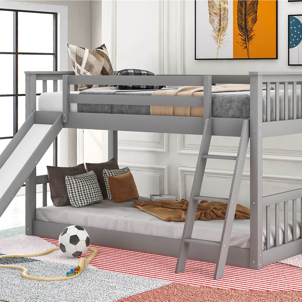 Twin-Over-Twin Size Bunk Bed Frame with Slide, Ladder Gray