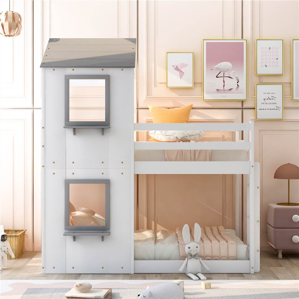 

Twin-Over-Twin Size House-Shaped Bunk Bed Frame with Ladder, and Wooden Slats Support, No Spring Box Required (Frame Only) - White