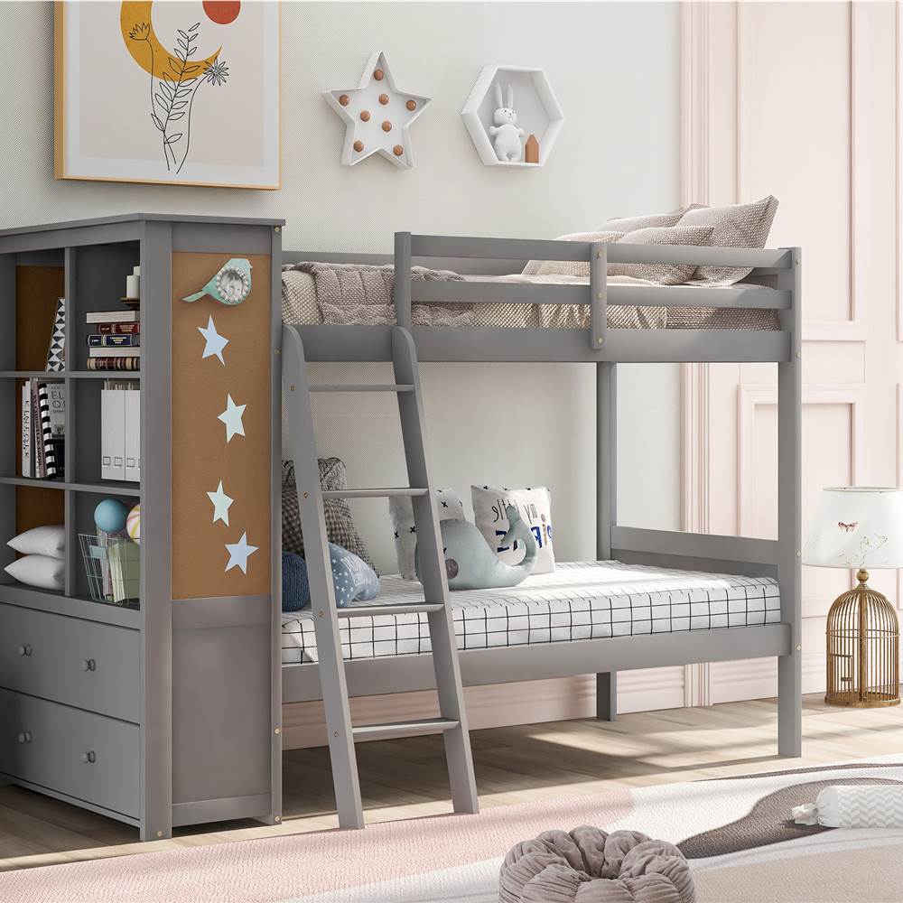 Twin-Over-Twin Size Bunk Bed Frame with Bookcase, Storage Drawers, and Wooden Slats Support, No Spring Box Required (Frame Only) - Gray