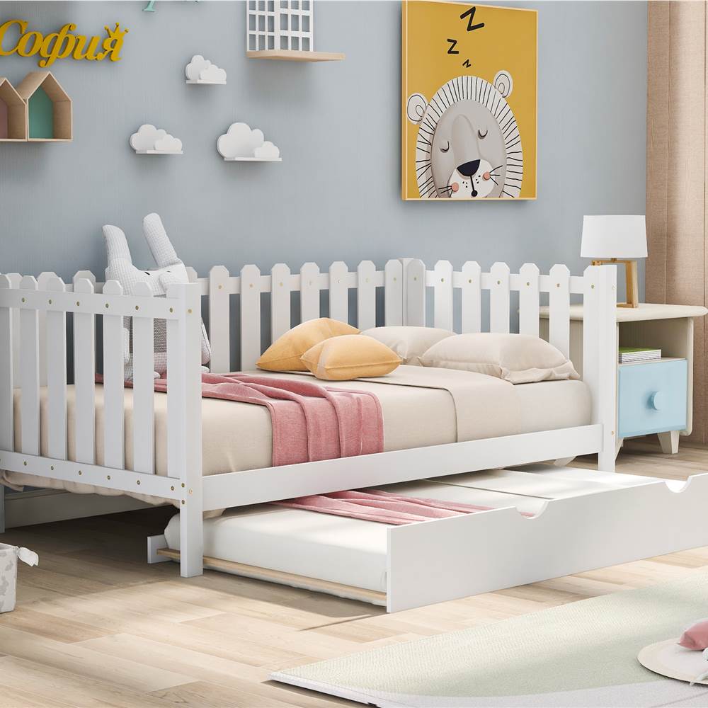 Twin Size Rustic Style Daybed with Trundle Bed, and Wooden Slats Support, Space-saving Design, No Box Spring Needed - White