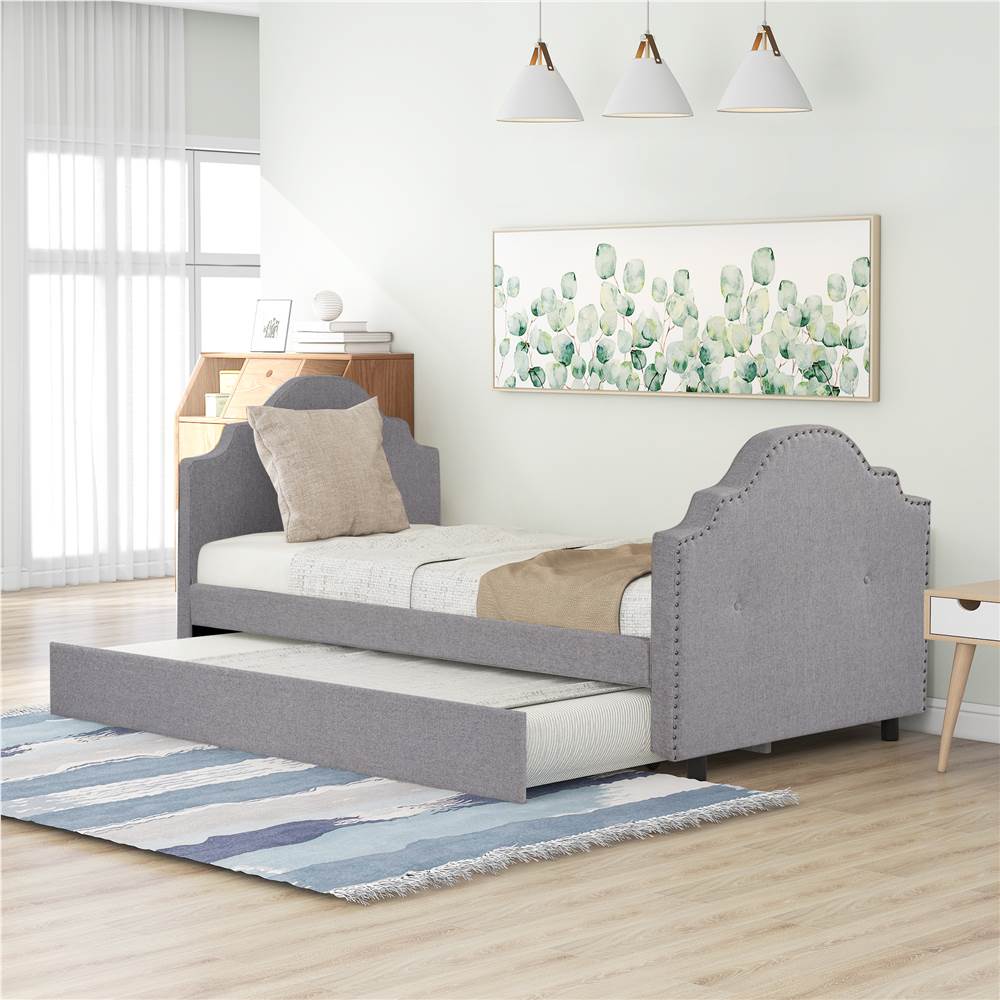 

Twin Size Linen Upholstered Daybed with Trundle Bed, and Wooden Slats Support, Space-saving Design, No Box Spring Needed - Gray