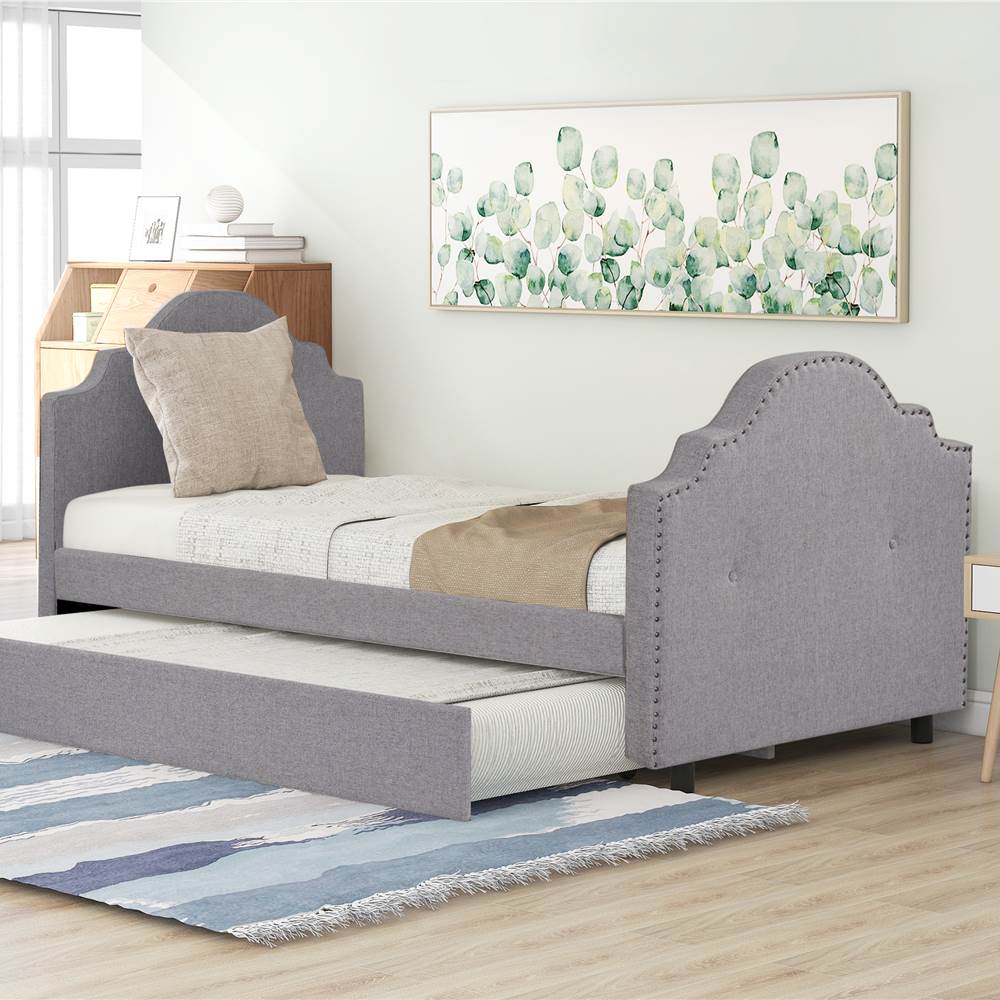 Twin Size Linen Upholstered Daybed With Trundle Bed Gray