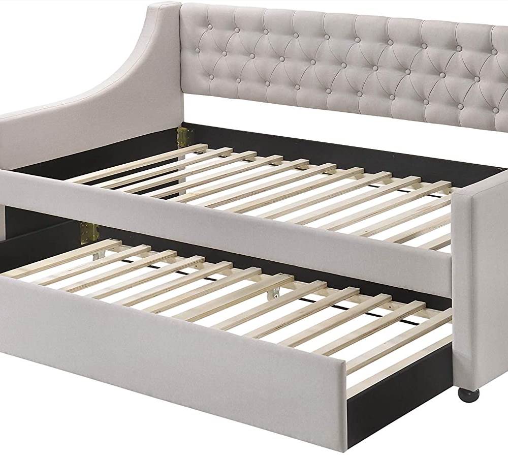 

ACME Lianna Twin Size Upholstered Daybed with Trundle Bed, and Wooden Slats Support, Space-saving Design, No Box Spring Needed - Gray