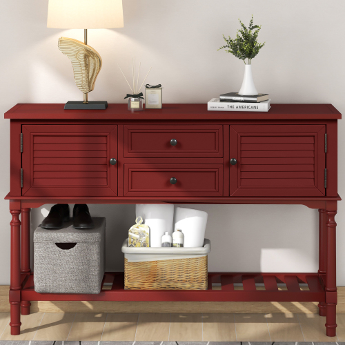 

U-STYLE 47" Modern Style Wooden Console Table with 2 Storage Drawers, 2 Cabinets and Bottom Shelf, for Entrance, Hallway, Dining Room, Kitchen - Red