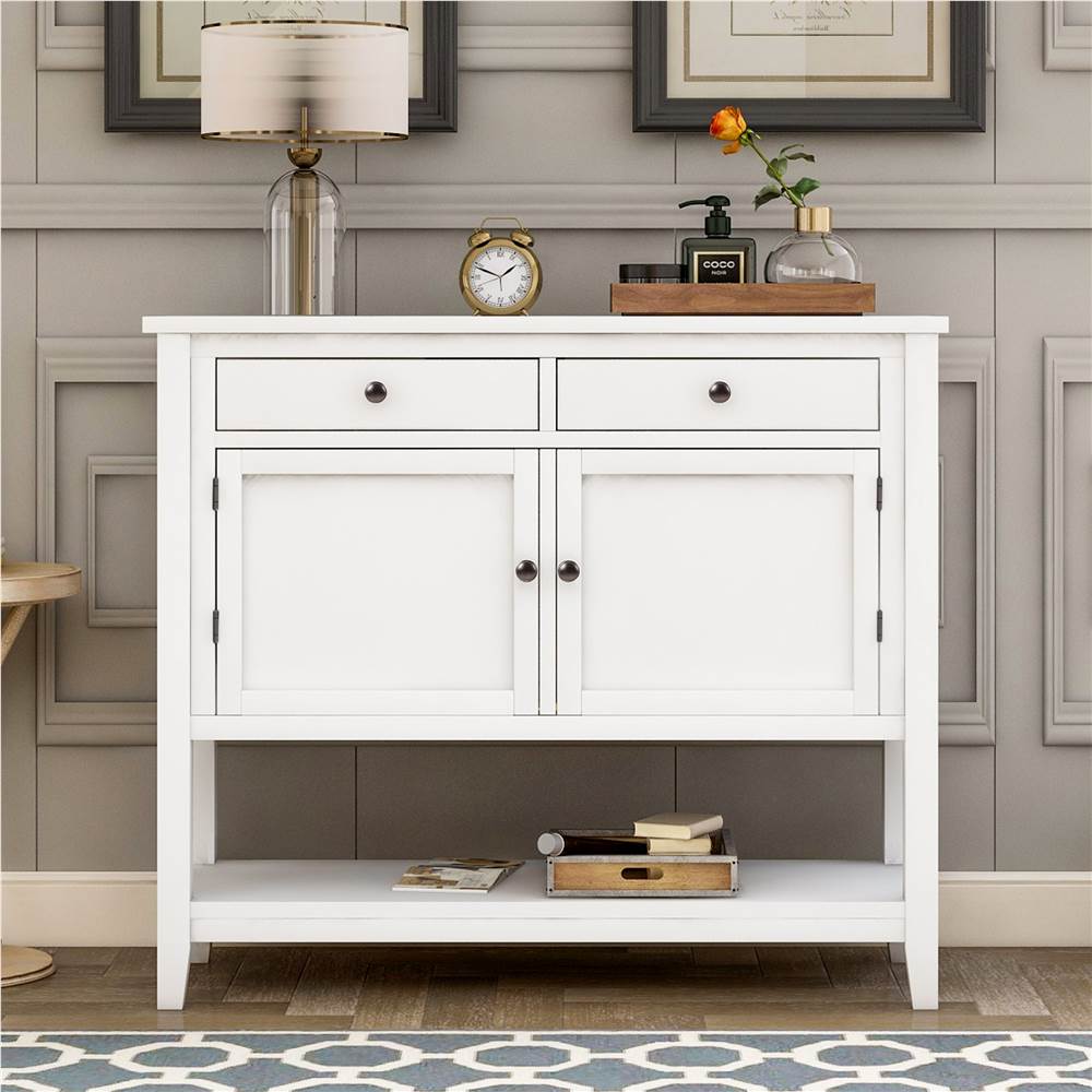 U-STYLE 39'' Modern Style Wooden Console Table with 2 Storage Drawers, 2 Cabinets and Bottom Shelf, for Entrance, Hallway, Dining Room, Kitchen - White