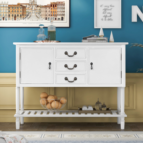 

U-STYLE 45'' Modern Style Wooden Console Table with 3 Storage Drawers, 2 Cabinets and Bottom Shelf, for Entrance, Hallway, Dining Room, Kitchen - White