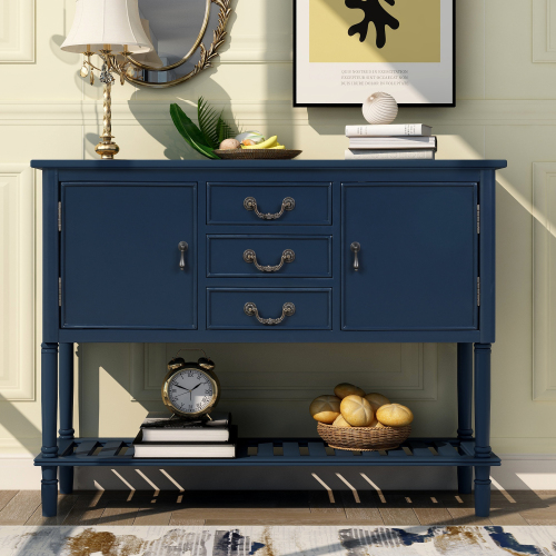 

U-STYLE 45'' Modern Style Wooden Console Table with 3 Storage Drawers, 2 Cabinets and Bottom Shelf, for Entrance, Hallway, Dining Room, Kitchen - Navy