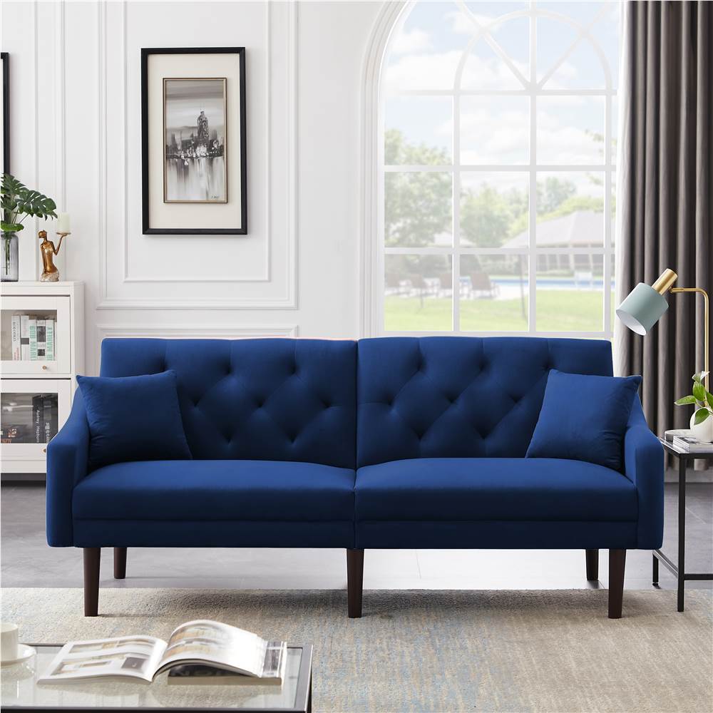 74.8&quot; Velvet Upholstered Sofa Bed with 2 Pillows, Tufted Backrest, and Rubber Wood Legs, for Living Room, Bedroom, Office, Apartment - Blue