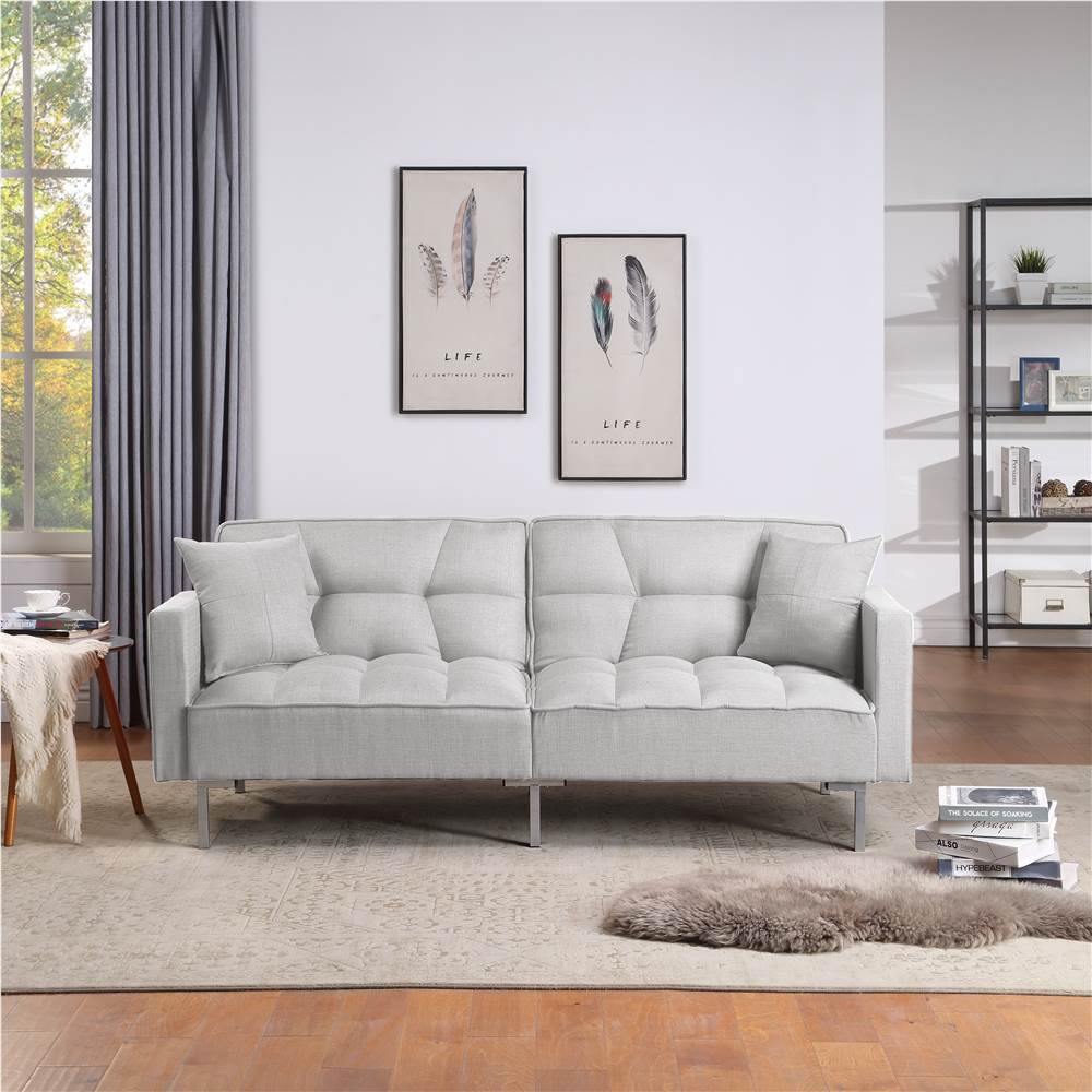 

Orisfur 74" Linen Upholstered Sofa Bed with 2 Pillows, Tufted Backrest, and Metal Legs, for Living Room, Bedroom, Office, Apartment - Light Gray