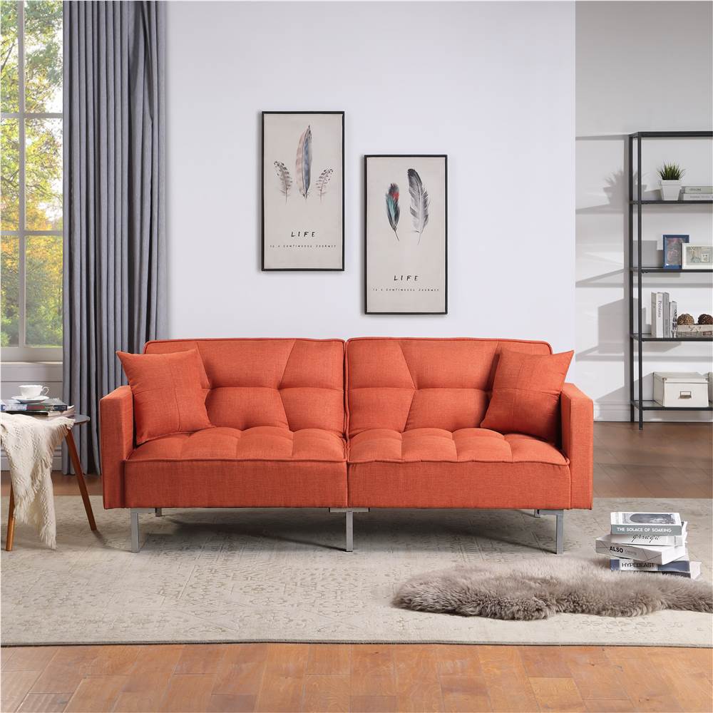 

Orisfur 74" Linen Upholstered Sofa Bed with 2 Pillows, Tufted Backrest, and Metal Legs, for Living Room, Bedroom, Office, Apartment - Orange