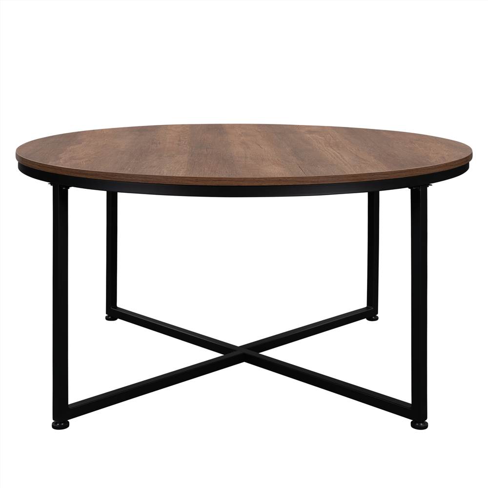 35" Round Wooden Coffee Table, with Metal Frame Dark Brown United States