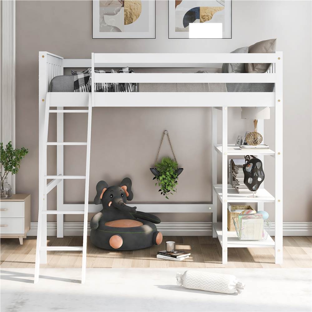 Twin-Size Loft Bed Frame with Storage Shelves White