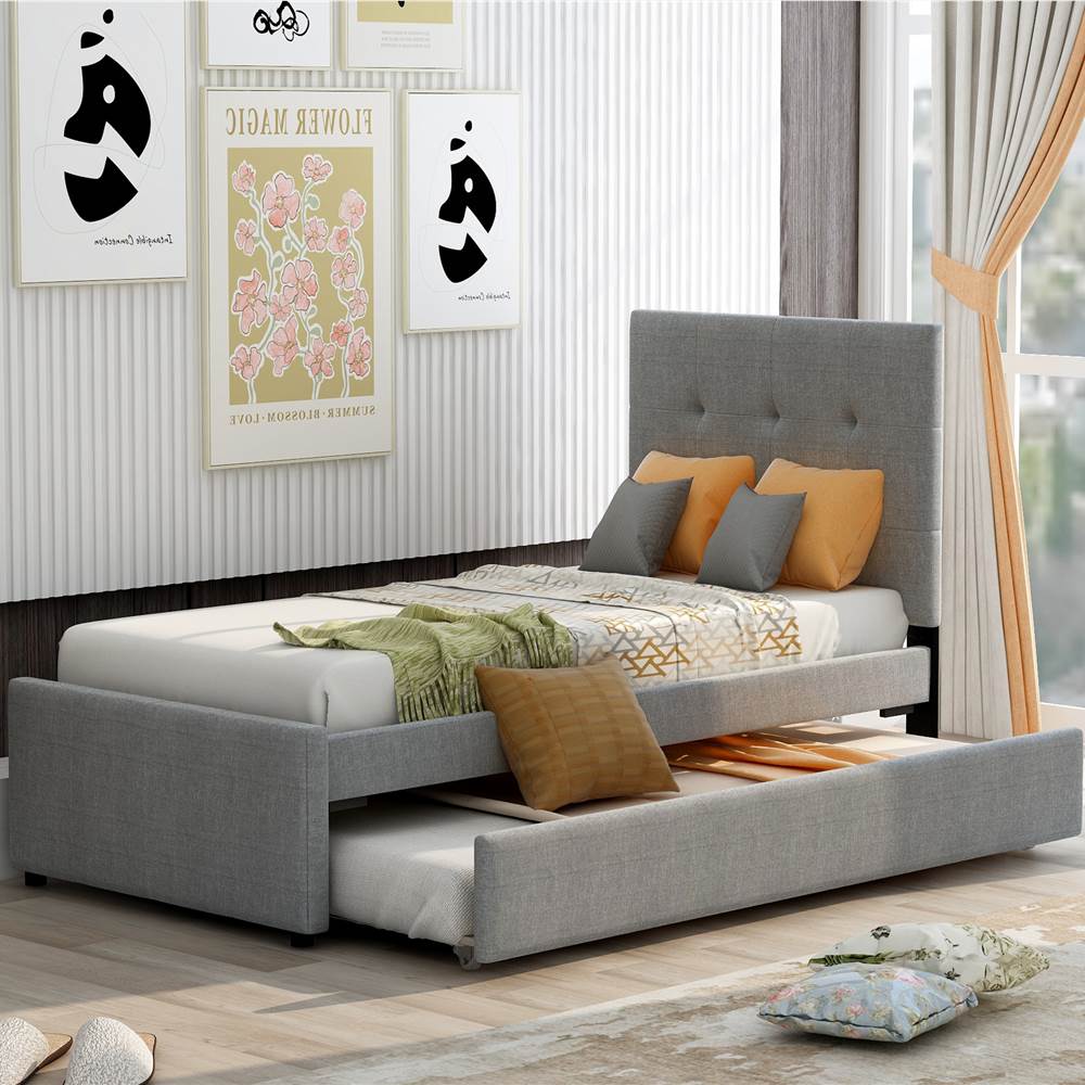 

Twin-Size Linen Upholstered Platform Bed Frame with Trundle Bed, Headboard, and Wooden Slats Support, No Box Spring Needed (Only Frame) - Gray