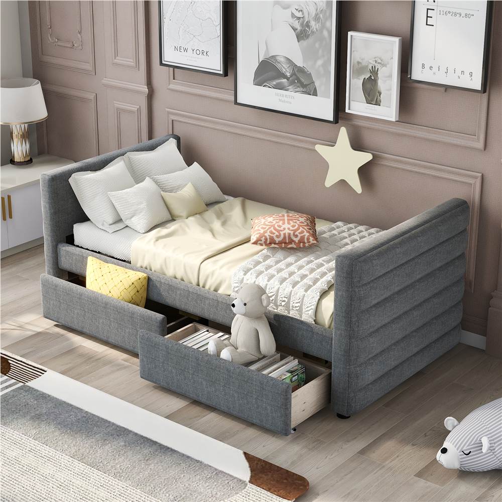 

Twin-Size Linen Upholstered Daybed with 2 Storage Drawers, Headboard and Wooden Slats Support, No Box Spring Needed (Only Frame) - Gray