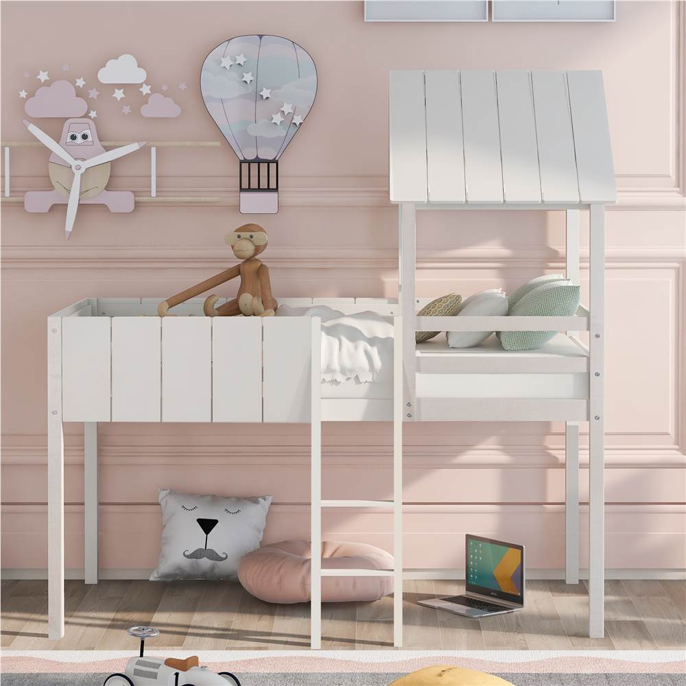 

Twin-Size House-Shaped Loft Bed Frame with Guardrail, Ladder, and Wooden Slats Support, Space-saving Design, No Box Spring Needed - White
