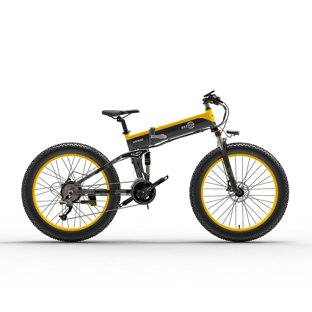 BEZIOR X1000 Folding Electric Bike Bicycle Panasonic 48V 12.8Ah Battery 1000W Motor 26 inch Fat Tire Aluminum Alloy Frame Shimano 27-speed Shift Max Speed 40km/h IP54 100KM Power-assisted mileage Range LCD Display IP54 waterproof - Black Yellow