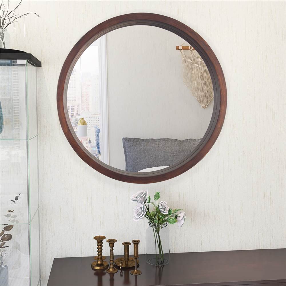 24&quot; Round Wall-mounted Mirror with Wood Frame, for Bathroom, Bedroom, Entrance, Powder Room - Brown