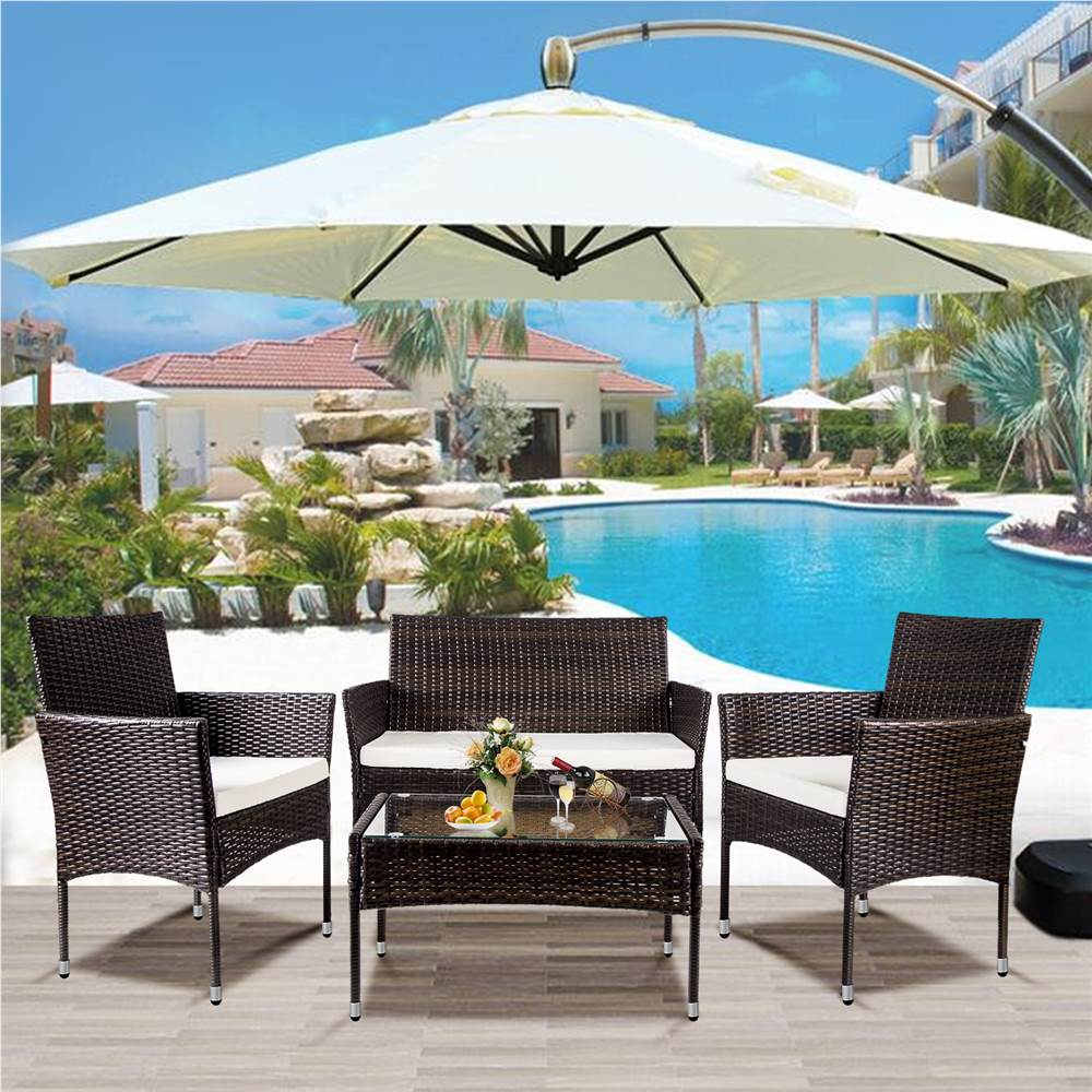 

TOPMAX 4 Pieces Outdoor Wicker Furniture Set, Including 2 Armchairs, 2 Loveseat Sofas, Tempered Glass Coffee Table, and 3 Cushions, for Garden, Terrace, Porch, Poolside - Brown