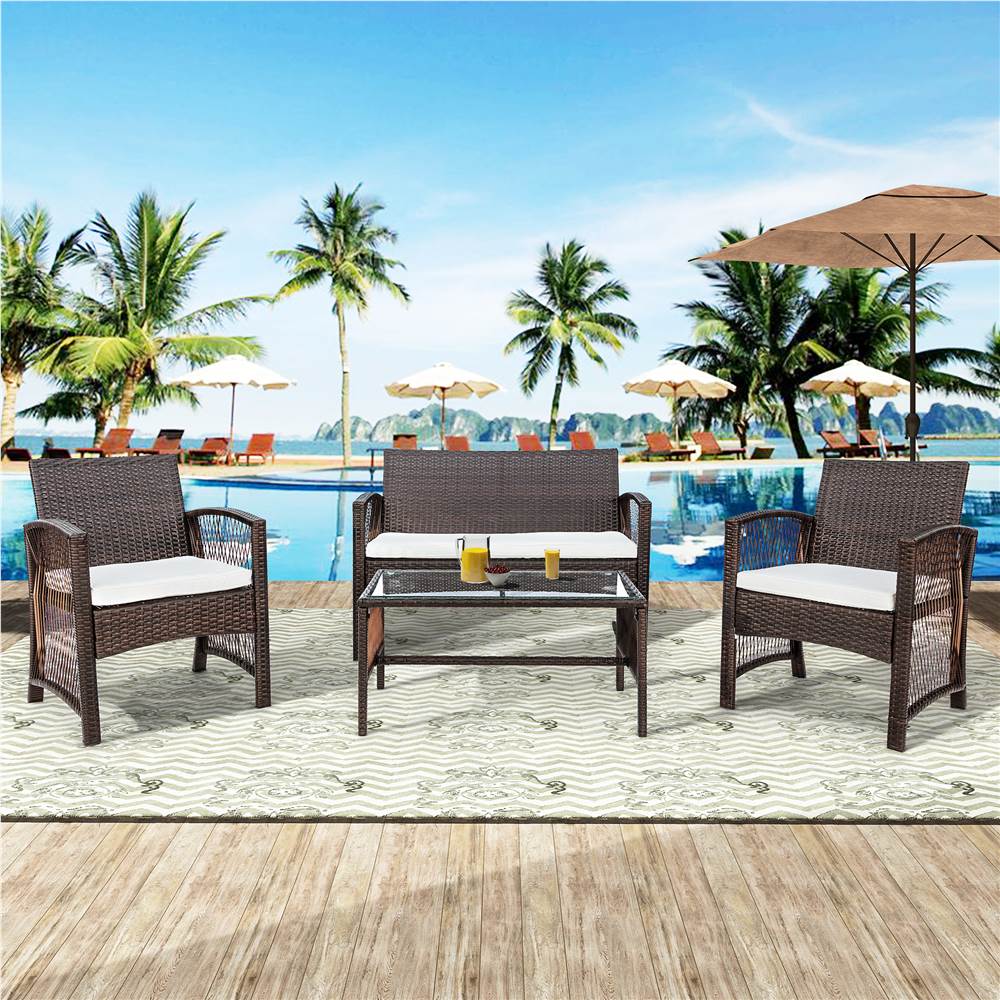 

TOPMAX 4 Pieces Outdoor Rattan Furniture Set, Including 2 Armchairs, Loveseat, Tempered Glass Coffee Table, and 3 Cushions, for Garden, Terrace, Porch, Poolside - Brown