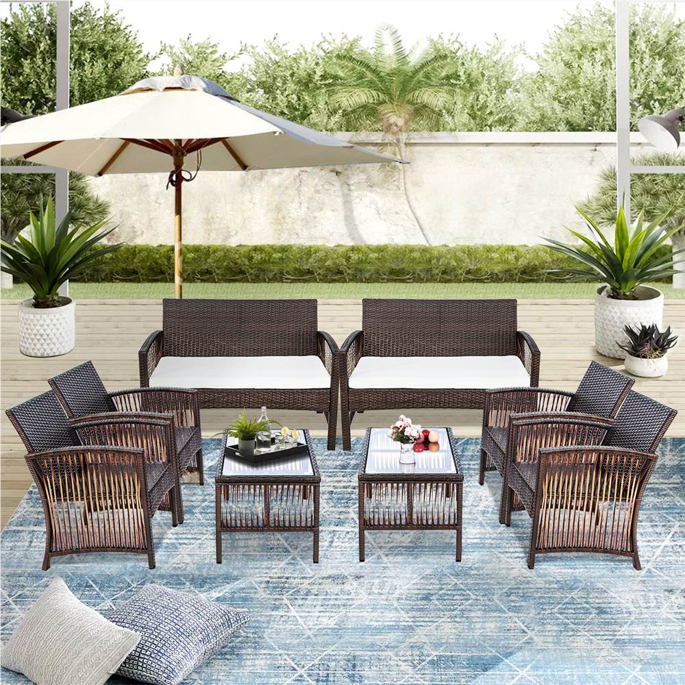 

TOPMAX 8 Pieces Outdoor Rattan Furniture Set, Including 4 Armchairs, 2 Loveseats, 2 Tempered Glass Coffee Tables, and 6 Cushions, for Garden, Terrace, Porch, Poolside - Brown