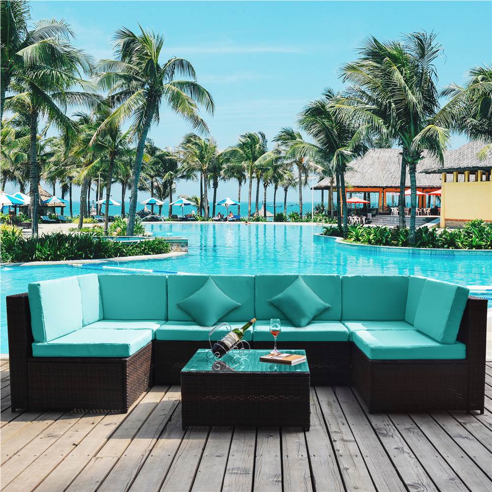 

TOPMAX 7 Pieces Outdoor Rattan Furniture Set, Including Coffee Table,4 Single Sofa Chairs, 2 Corner Sofa Chairs, and 14 Cushions, for Garden, Terrace, Porch, Poolside - Blue