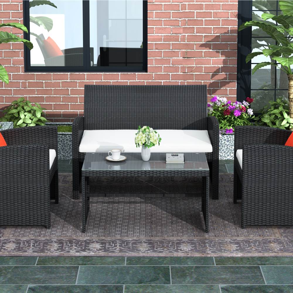 

4 Pieces Outdoor Wicker Furniture Set, Including 2 Armchairs, Loveseat sofa, Tempered Glass Coffee Table, and 3 Cushions, for Garden, Terrace, Porch, Poolside - Black