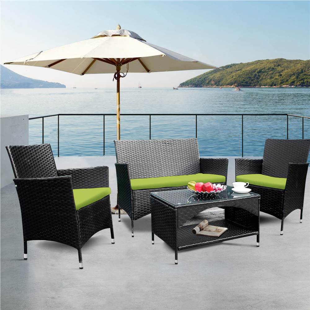 

TOPMAX 4 Pieces Outdoor Wicker Sofa Set, Including 2 Armchairs, 2-seat sofa, Coffee Table, and 3 Cushions, for Garden, Terrace, Porch, Poolside - Green + Black
