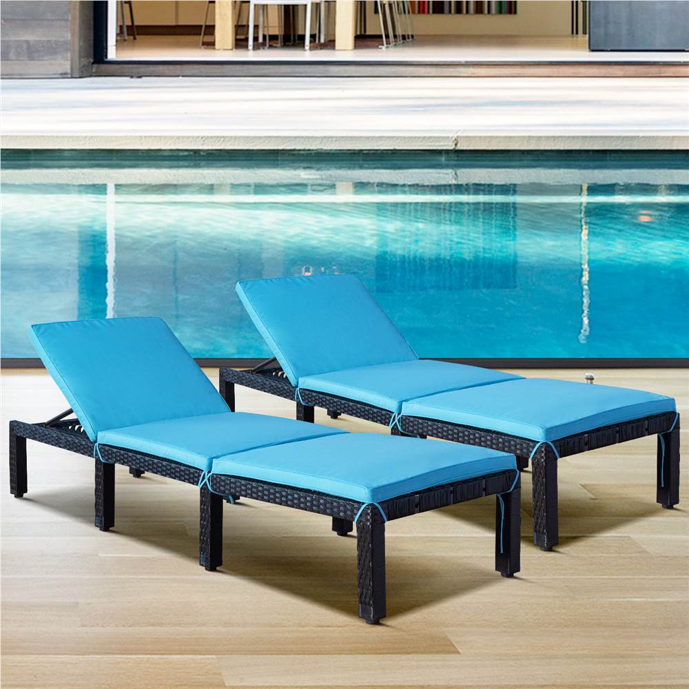 TOPMAX Outdoor Adjustable PE Rattan Chaise Set of 2, with Steel Frame and Cushion, for Garden, Terrace, Porch, Poolside - Blue