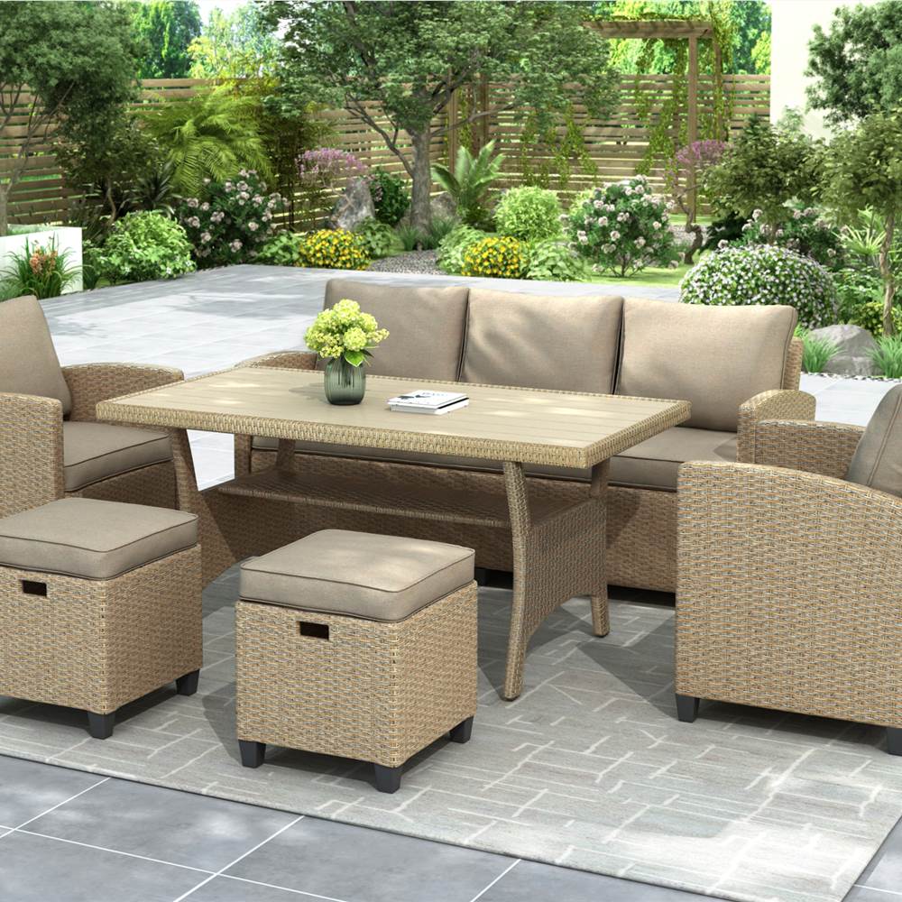 6 Pieces Outdoor Rattan Furniture Set, Including 2 Armchairs, 3-seat Sofa, Coffee Table, and 2 Stools, for Garden, Terrace, Porch, Poolside - Brown